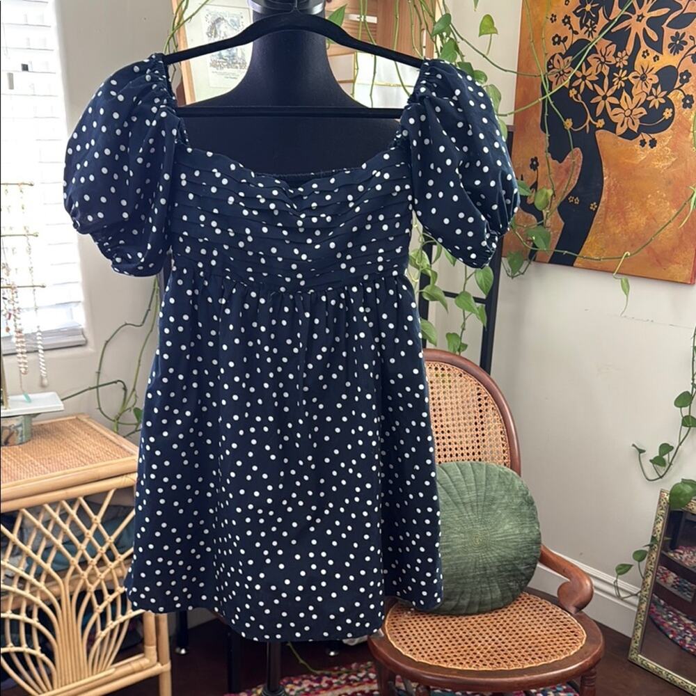 Abercrombie & Fitch Navy & White Polka Dot Pouf Sleeve Mini Skort Dress
